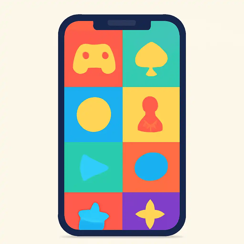 Smartphone shown from the front displaying a colourful flat layout of abstract game icons and rounded tiles (no text, no letters, no labels), Yaar Win